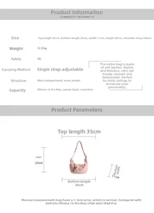 Size chart for pink PU leather bag showing dimensions and adjustable strap details