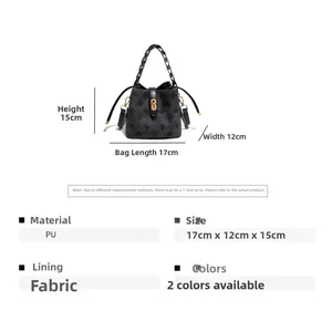 Detailed view of black bucket bag showing dimensions 17x12x15cm and textured PU leather