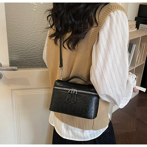 Detail of black ostrich-embossed square bag with double zipper and silver hardware