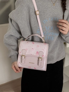 Pink cartoon bear satchel bag with bow print and adjustable shoulder strap for women