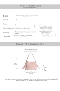 Size chart showing PU pillow bag dimensions with 20cm length and 14cm height details