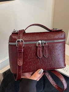 Vintage Ostrich Texture Handbag For Women Silver Zipper PU Leather Vanity Case Bag Square Crossbody Shoulder Bag Stylish Daily Top Handle Bag