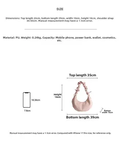 Größentabelle für rosa geraffte Cloud Bag mit Maßen und iPhone-Größenvergleich