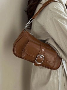 Chic dark brown faux leather underarm bag with silver buckle and chain strap detail