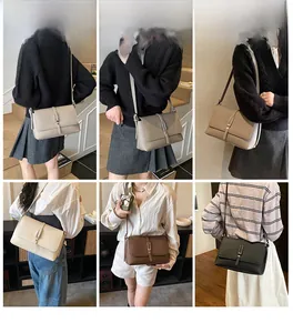 Four colors of minimalist leather crossbody bags shown on model in various lifestyle poses