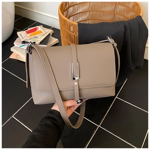 Detail of taupe litchi grain leather crossbody bag with silver metallic bar closure