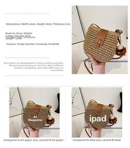 Detailed comparison of brown woven straw crossbody bag size with A4 paper and iPad