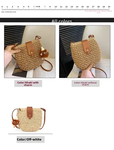 Detail of woven straw crossbody bag featuring brown PU flap and plush monster pendant