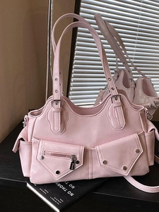 Women Vintage Motorcycle PU Leather Shoulder Bag Large Capacity Multi Pocket Rivet Tote Bag Commuter Underarm Crossbody Bag