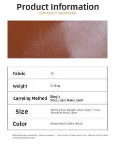 Detailed specs of the brown PU tote bag showing material texture and dimensions