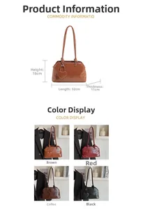 Polished faux leather tote bag showing size specs and four color variants with heart pendant