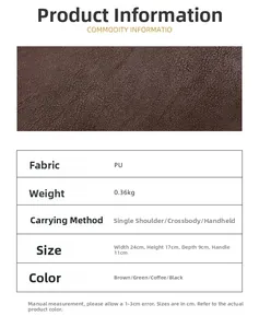 Close-up of premium PU leather texture and detailed size specifications for crossbody bag