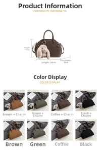 Detailed view of four colors of stylish tote bags with size dimensions and rabbit charms