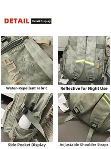 Détail du sac à dos camouflage avec bande réfléchissante et bandoulière large réglable