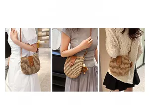 Straw shoulder bag with brown leather flap and bear charm shown in three wearing styles