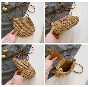 Detailed four-way view showing woven texture, inner lining and strap of straw crossbody bag