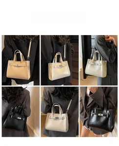 Collage of four stylish handbags showing cross-body and hand-carry options in various colors