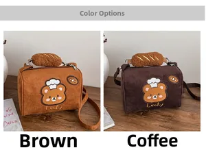 Close-up of retro cylinder bags with bear embroidery and plush bread charms