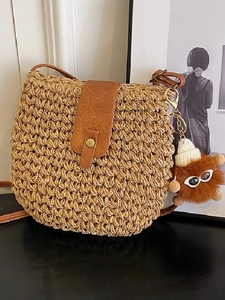 Women Handwoven Straw Shoulder Bag Faux Leather Flap Plush Charm Casual Beach Vacation Crossbody Phone Purse Bag