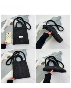 Detailed four-angle views of a black fuzzy wool bucket bag with subtle silver glitter threads