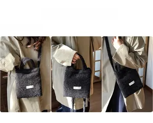 Three-way view of a black tweed bucket bag shown worn as a handbag and crossbody bag