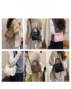 Collage of leather bucket bags in multiple colors showing crossbody and handheld styles