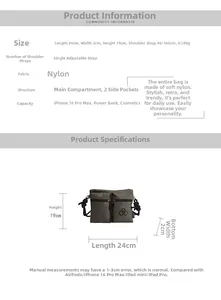 Size chart showing nylon tote bag dimensions 24x2x19cm and adjustable shoulder strap length