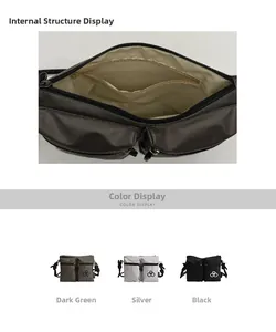 Detailed view of large nylon crossbody bag compartments and three available color options