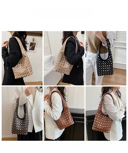 Collage of four large capacity rivet tote bags in beige, black, grey and brown colors
