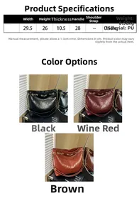 Detailed size chart for quilted tote bag showing 29.5x26x10.5cm dimensions and chain strap
