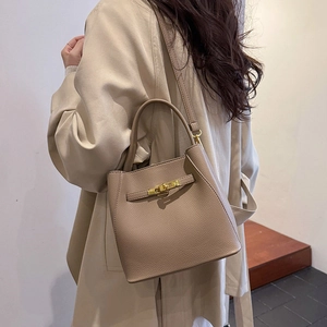 Close-up of brown lychee-patterned bucket bag with gold clasp and sleek strap