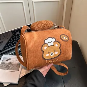 Women's Cute Cartoon Bear Embroidery Cylinder Crossbody Bag Suede Plush Top Handle Handbag With Bread Shape Decor Pillow Bag