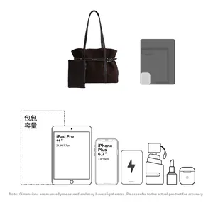 Detailed size chart showing the large capacity of this tote bag for iPad and phone