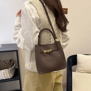 Classic dark brown pebble leather bucket bag with gold hardware shown on a model