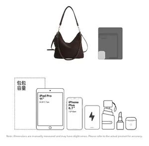 Large capacity dark brown tote bag showing fits 11 inch iPad Pro and smartphone
