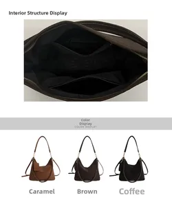 Detail view of large hobo bag interior structure and three color options in synthetic leather