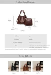 Detailed size chart and multi-color specifications for PU leather bucket tote bag set