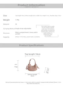 Pink PU dumpling bag details showing size specs, adjustable strap and capacity info