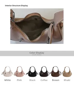 Detail view of crescent bag interior with silver zipper and 6 color options shown