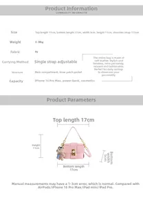 Detailed size chart for pink woven PU leather crossbody bag with teddy bear pendant