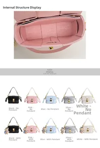Detail of checkered crossbody bag showing interior compartments and five color options