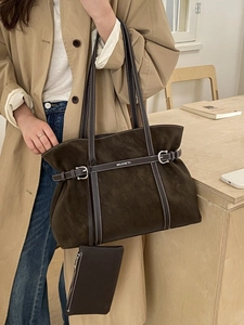 Deep brown oversized tote bag in faux suede finish with leather trim and matching pouch