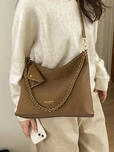 Brown minimalist large capacity faux leather tote bag with adjustable shoulder strap