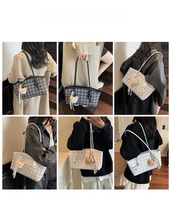 Collage of checkered tote bags with teddy charms shown from multiple shoulder carry angles