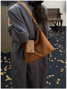 Retro brown suede tote bag with small envelope pouch and wide leather shoulder strap