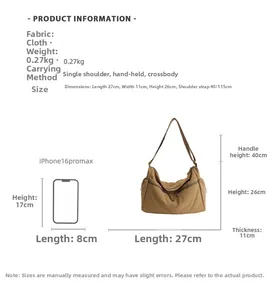 Detailed size specifications for canvas tote bag showing 27x11x26cm dimensions and weight