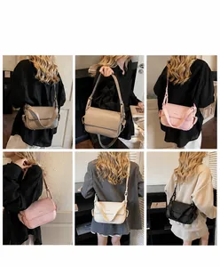 Detailansicht der Leder-Umhängetaschen mit Klappentaschen in Khaki, Rosa, Beige und Schwarz