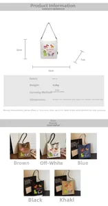 Detailed size guide and color options for the cartoon horse canvas tote bag