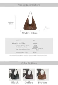 Detailed size specifications and color options for the vintage PU leather shoulder bag