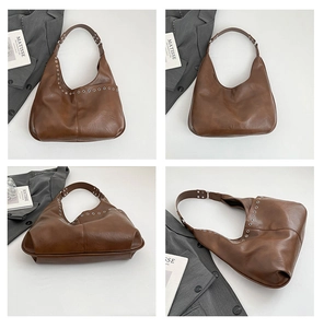 Detail views of brown retro hobo bag with silver eyelets and smooth leather texture